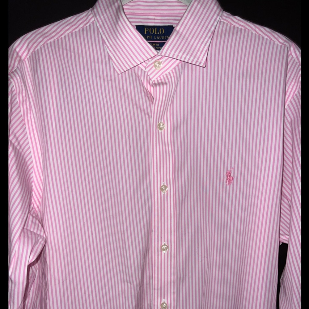 Ralph Lauren Polo Slim Fit Button Down Stretch Poplin Pink White Stripe Shirt 16